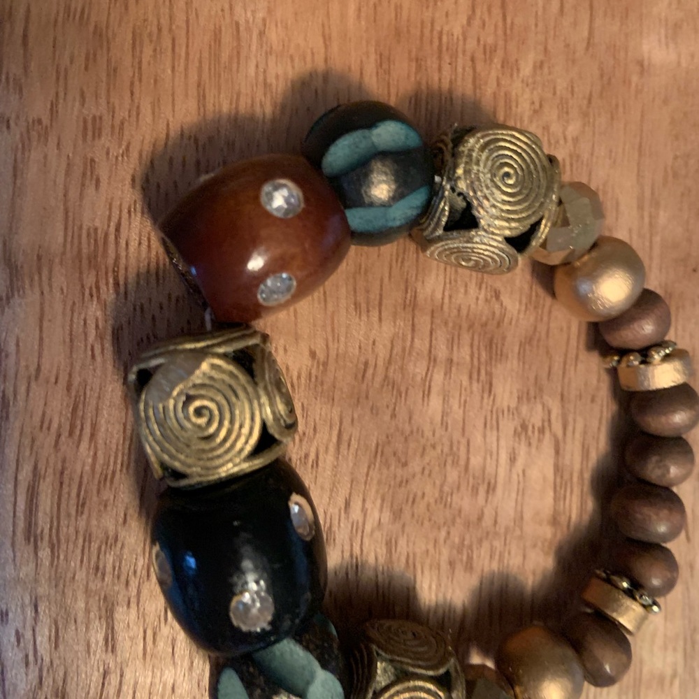 Brass and wood bead bracelet